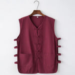 Buddha Stones Summer Tang Style Frog Button Side Slit Hollow Solid Men's Sleeveless Shirts Tank Top With Pockets