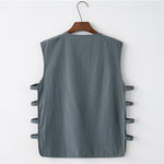 Buddha Stones Summer Tang Style Frog Button Side Slit Hollow Solid Men's Sleeveless Shirts Tank Top With Pockets