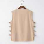Buddha Stones Summer Tang Style Frog Button Side Slit Hollow Solid Men's Sleeveless Shirts Tank Top With Pockets
