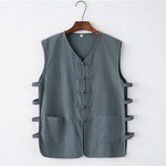 Buddha Stones Summer Tang Style Frog Button Side Slit Hollow Solid Men's Sleeveless Shirts Tank Top With Pockets