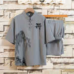 Buddha Stones Summer 2Pcs Mandarin Collar Frog Button Ink Wash Print Short Sleeve Shirt Bermuda Pants Men's Meditation Cloth With Pockets
