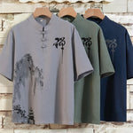Buddha Stones Summer 2Pcs Mandarin Collar Frog Button Ink Wash Print Short Sleeve Shirt Bermuda Pants Men's Meditation Cloth With Pockets