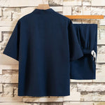 Buddha Stones Summer 2Pcs Mandarin Collar Frog Button Ink Wash Print Short Sleeve Shirt Bermuda Pants Men's Meditation Cloth With Pockets