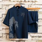 Buddha Stones Summer 2Pcs Mandarin Collar Frog Button Ink Wash Print Short Sleeve Shirt Bermuda Pants Men's Meditation Cloth With Pockets