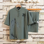 Buddha Stones Summer 2Pcs Mandarin Collar Frog Button Ink Wash Print Short Sleeve Shirt Bermuda Pants Men's Meditation Cloth With Pockets