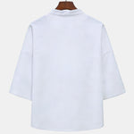Buddha Stones Summer Tang Style Mandarin Collar Horse Embroidery Frog Button Solid Men's Short Sleeve Shirts With Pockets