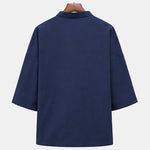 Buddha Stones Summer Tang Style Mandarin Collar Horse Embroidery Frog Button Solid Men's Short Sleeve Shirts With Pockets