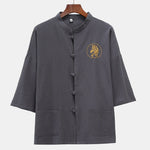 Buddha Stones Summer Tang Style Mandarin Collar Horse Embroidery Frog Button Solid Men's Short Sleeve Shirts With Pockets
