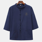 Buddha Stones Summer Tang Style Mandarin Collar Horse Embroidery Frog Button Solid Men's Short Sleeve Shirts With Pockets