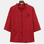 Buddha Stones Summer Tang Style Mandarin Collar Horse Embroidery Frog Button Solid Men's Short Sleeve Shirts With Pockets