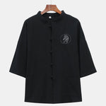 Buddha Stones Summer Tang Style Mandarin Collar Horse Embroidery Frog Button Solid Men's Short Sleeve Shirts With Pockets