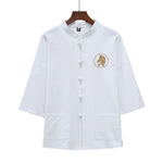 Buddha Stones Summer Tang Style Mandarin Collar Horse Embroidery Frog Button Solid Men's Short Sleeve Shirts With Pockets