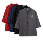 Buddha Stones Summer Tang Style Mandarin Collar Horse Embroidery Frog Button Solid Men's Short Sleeve Shirts With Pockets