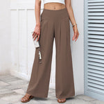 Buddha Stones Plain Color Cotton Linen High Waist Women's Wide Leg Pants With Pockets