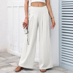 Buddha Stones Plain Color Cotton Linen High Waist Women's Wide Leg Pants With Pockets