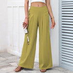 Buddha Stones Plain Color Cotton Linen High Waist Women's Wide Leg Pants With Pockets