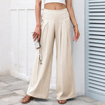 Buddha Stones Plain Color Cotton Linen High Waist Women's Wide Leg Pants With Pockets