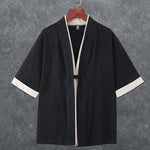 Buddha Stones Summer Minimalist V-Neck Frog Button Solid Men's Short Sleeve Kimono
