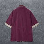 Buddha Stones Summer Minimalist V-Neck Frog Button Solid Men's Short Sleeve Kimono