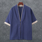 Buddha Stones Summer Minimalist V-Neck Frog Button Solid Men's Short Sleeve Kimono