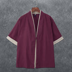 Buddha Stones Summer Minimalist V-Neck Frog Button Solid Men's Short Sleeve Kimono