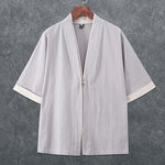 Buddha Stones Summer Minimalist V-Neck Frog Button Solid Men's Short Sleeve Kimono