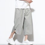 Buddha Stones Summer Casual Drawstring Side Slit Solid Cotton Men's Harem Pants With Pockets