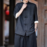 Buddha Stones Summer Tang Style Mandarin Collar Frog Button Solid Men's Elbow-Length Sleeve Shirts