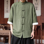 Buddha Stones Summer Tang Style Mandarin Collar Frog Button Solid Men's Elbow-Length Sleeve Shirts