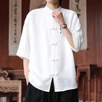Buddha Stones Summer Tang Style Mandarin Collar Frog Button Solid Men's Elbow-Length Sleeve Shirts