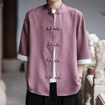 Buddha Stones Summer Tang Style Mandarin Collar Frog Button Solid Men's Elbow-Length Sleeve Shirts