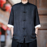 Buddha Stones Summer Tang Style Mandarin Collar Frog Button Solid Men's Elbow-Length Sleeve Shirts