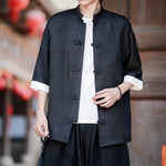 Buddha Stones Summer Tang Style Mandarin Collar Frog Button Solid Men's Elbow-Length Sleeve Shirts