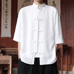 Buddha Stones Summer Tang Style Mandarin Collar Frog Button Solid Men's Elbow-Length Sleeve Shirts