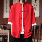 Buddha Stones Summer Tang Style Mandarin Collar Frog Button Solid Men's Elbow-Length Sleeve Shirts