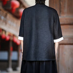 Buddha Stones Summer Tang Style Mandarin Collar Frog Button Solid Men's Elbow-Length Sleeve Shirts