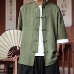 Buddha Stones Summer Tang Style Mandarin Collar Frog Button Solid Men's Elbow-Length Sleeve Shirts