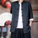 Buddha Stones Summer Tang Style Mandarin Collar Frog Button Solid Men's Elbow-Length Sleeve Shirts