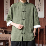Buddha Stones Summer Tang Style Mandarin Collar Frog Button Solid Men's Elbow-Length Sleeve Shirts