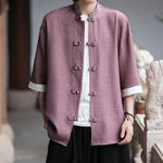 Buddha Stones Summer Tang Style Mandarin Collar Frog Button Solid Men's Elbow-Length Sleeve Shirts
