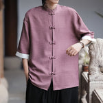 Buddha Stones Summer Tang Style Mandarin Collar Frog Button Solid Men's Elbow-Length Sleeve Shirts