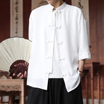 Buddha Stones Summer Tang Style Mandarin Collar Frog Button Solid Men's Elbow-Length Sleeve Shirts