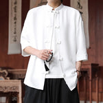 Buddha Stones Summer Tang Style Mandarin Collar Frog Button Solid Men's Elbow-Length Sleeve Shirts