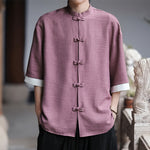 Buddha Stones Summer Tang Style Mandarin Collar Frog Button Solid Men's Elbow-Length Sleeve Shirts