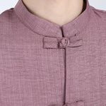 Buddha Stones Summer Tang Style Mandarin Collar Frog Button Solid Men's Elbow-Length Sleeve Shirts