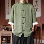 Buddha Stones Summer Tang Style Mandarin Collar Frog Button Solid Men's Elbow-Length Sleeve Shirts