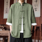 Buddha Stones Summer Tang Style Mandarin Collar Frog Button Solid Men's Elbow-Length Sleeve Shirts
