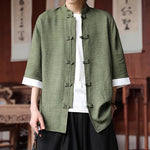 Buddha Stones Summer Tang Style Mandarin Collar Frog Button Solid Men's Elbow-Length Sleeve Shirts