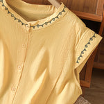 Buddha Stones Summer Button-Up Solid Crew Neck Women's Sleeveless Shirts
