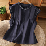 Buddha Stones Summer Button-Up Solid Crew Neck Women's Sleeveless Shirts
